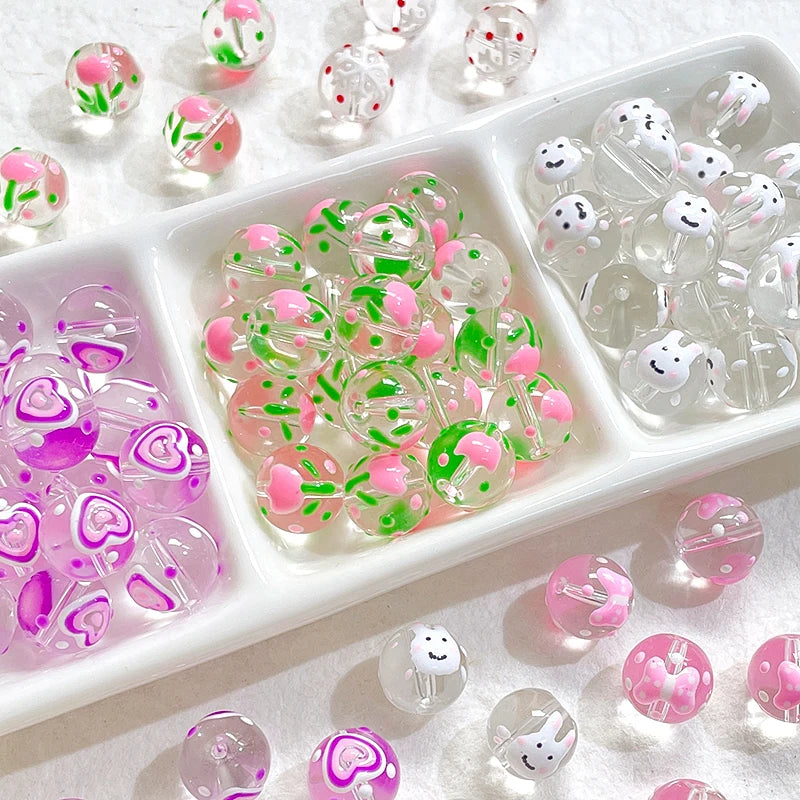 6 Hand-painted Bow Dots Tulip Glass Beads DIY Jewelry Accessories