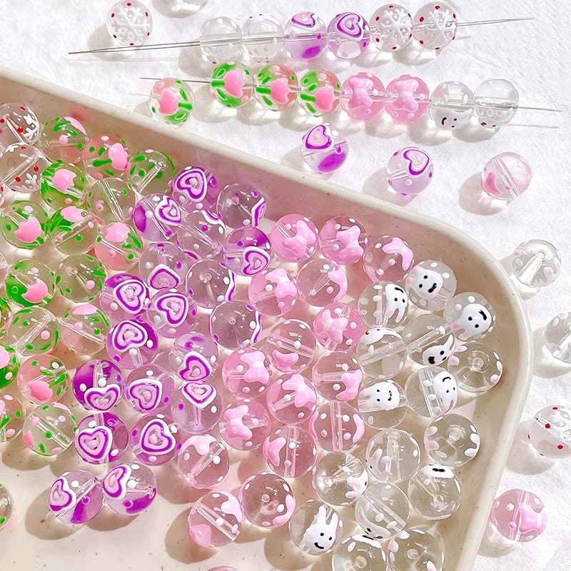 6 Hand-painted Bow Dots Tulip Glass Beads DIY Jewelry Accessories