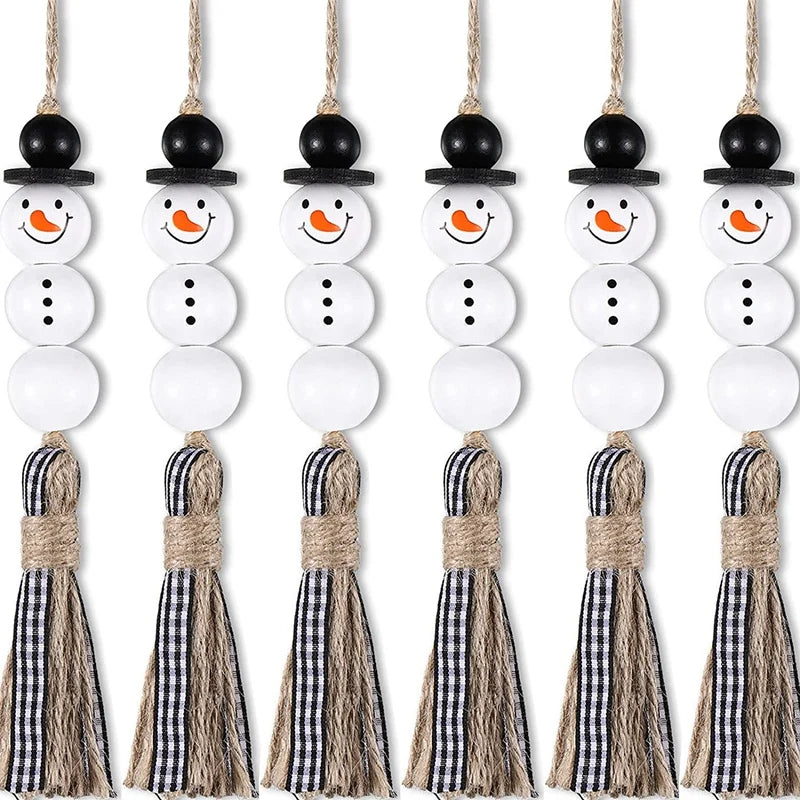 6 Snowman Bead Garland Xmas Tree Ornaments Wooden Farmhouse Rustic Plaid Tassel