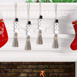 6 Snowman Bead Garland Xmas Tree Ornaments Wooden Farmhouse Rustic Plaid Tassel
