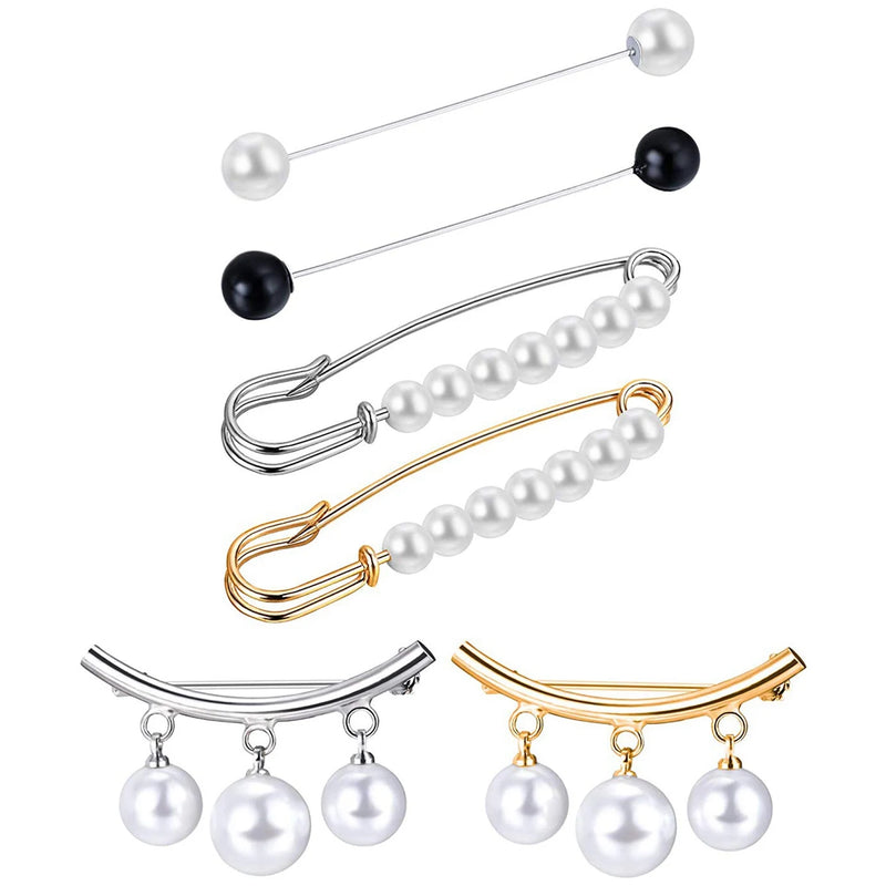 6Pcs Faux Pearl Sweater Shawl Clips Vintage Cardigan Collar Brooch Clip