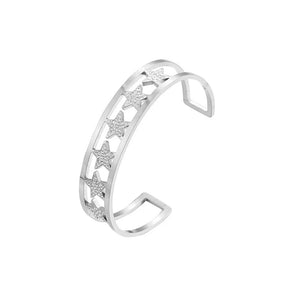 6 Stars Rhinestone Open Bangle for Men Women Stainless Steel Jewelry