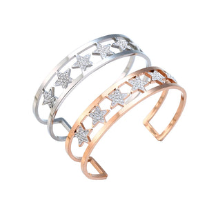 6 Stars Rhinestone Open Bangle for Men Women Stainless Steel Jewelry