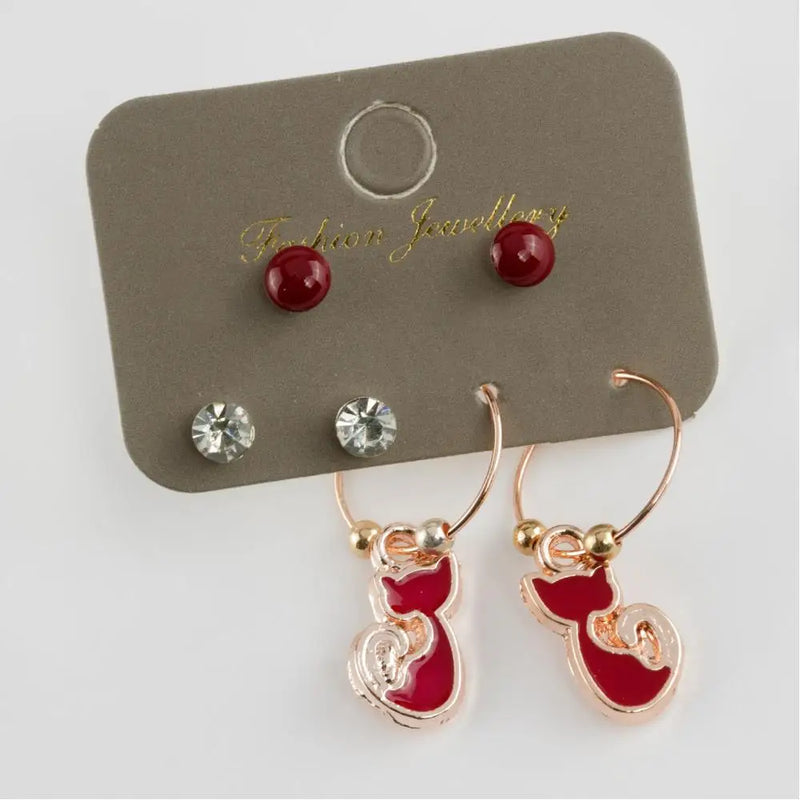 Cat Figured Cabochons Ring Earrings Set