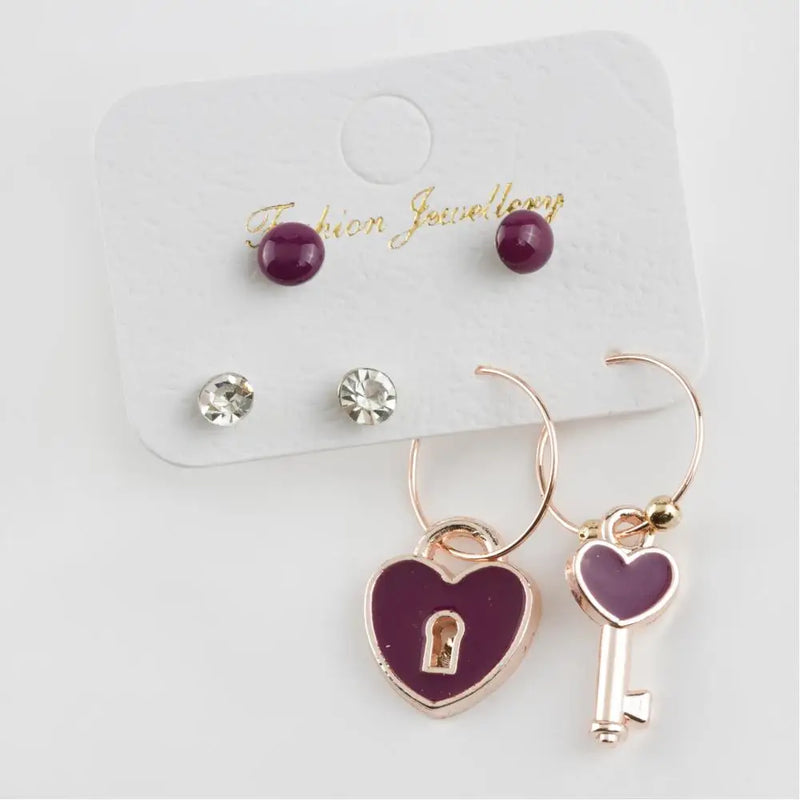 Heart Lock Cabochons Ring Earrings Set