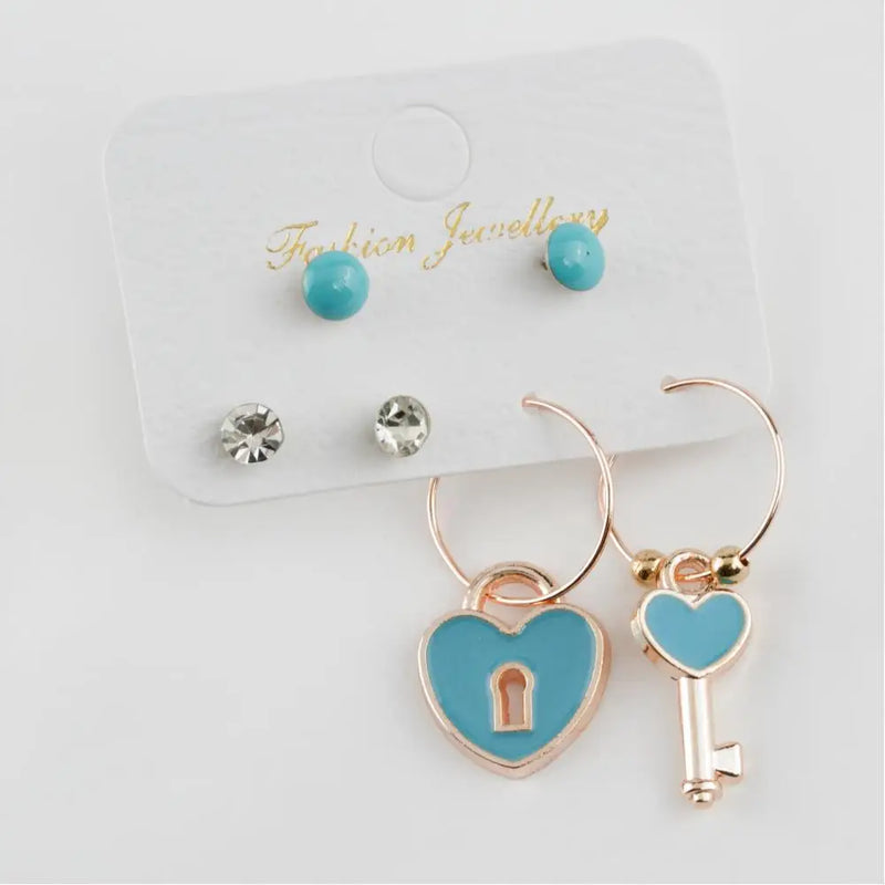 Heart Lock Cabochons Ring Earrings Set