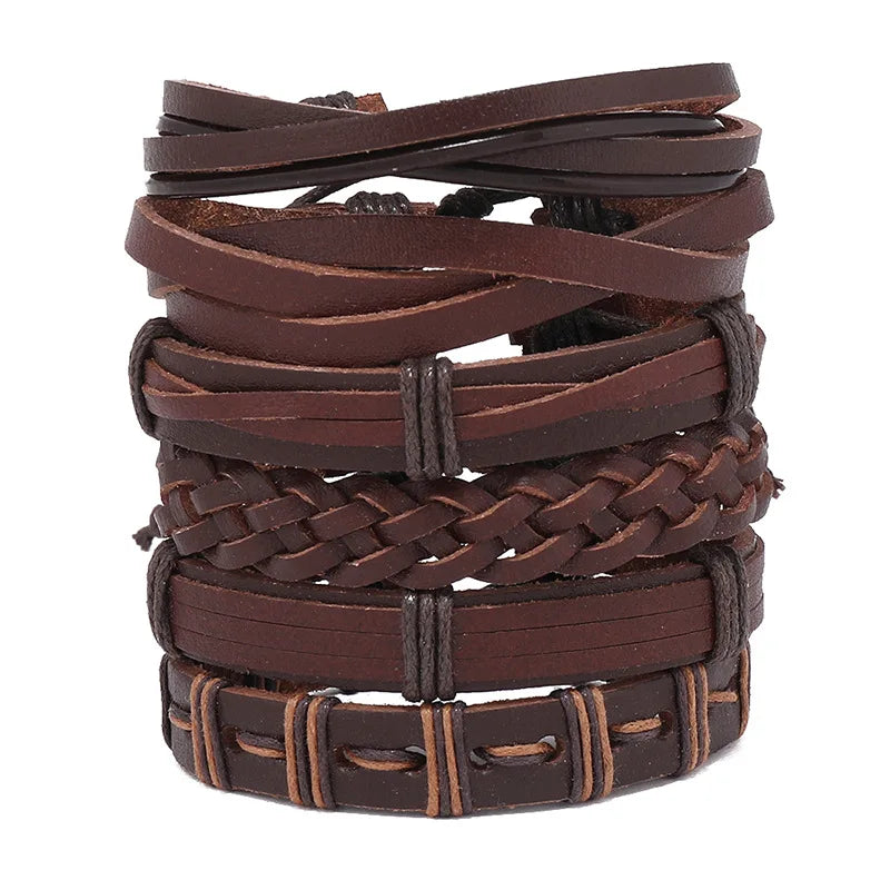 6 pcs Brown Punk Leather Bracelets Men Multilayer Charm Bangl