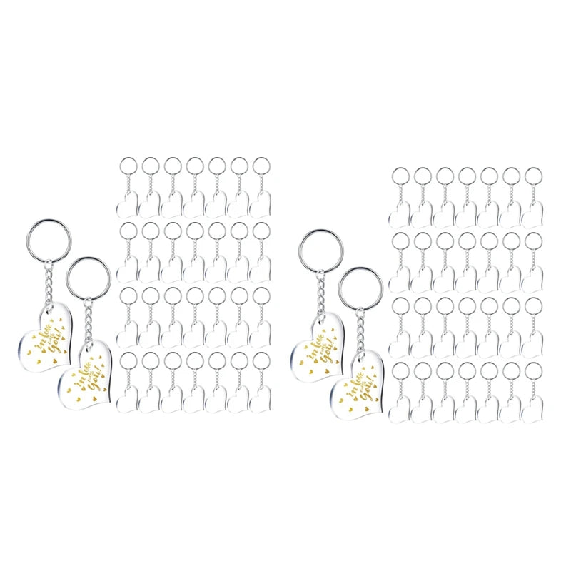 60 Clear Acrylic Heart Shape Blanks with Key Chain Rings for DIY Crafts