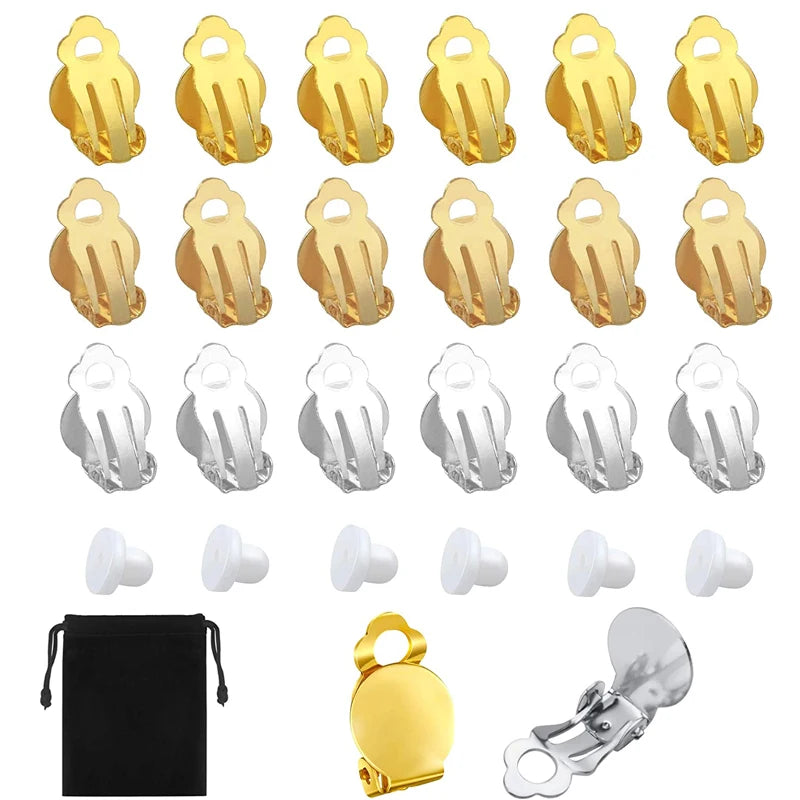 60 Pcs Flat Round Back Tray Earring Clips Setting Components with Earring Pads