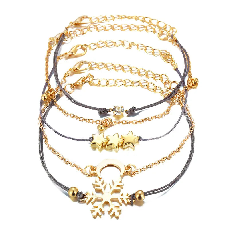 Snowflake Moon Star Bracelets Bangles Crystal Beads Rhinestone Charm Chain Rope
