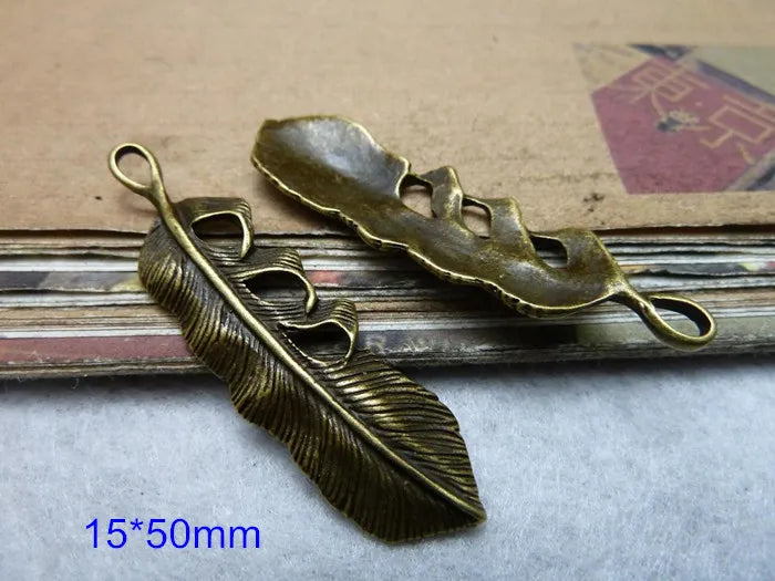 60pcs Antique Bronze Feather Charms - 15*50mm