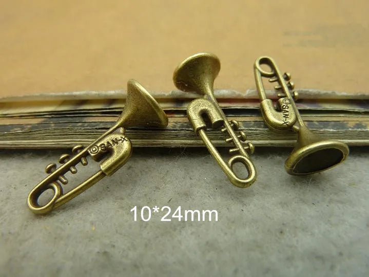 60 Antique Bronze Saxophone Charms 10*24mm Vintage Trumpet Pendant