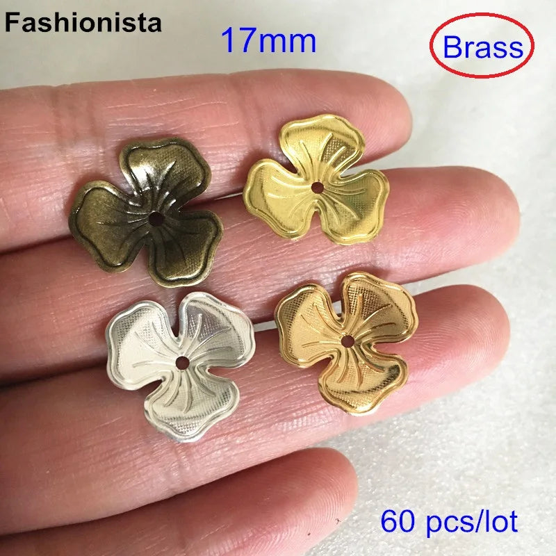 60 pcs 3 Leaves Flower Bead Caps 17mm Brass Stamping Gold Silver Bronze