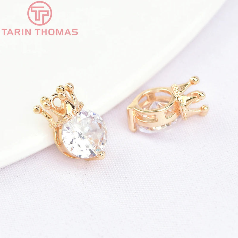 6PCS 6x10MM 24K Brass Zircon Crown Charms Pendants DIY Jewelry Findings