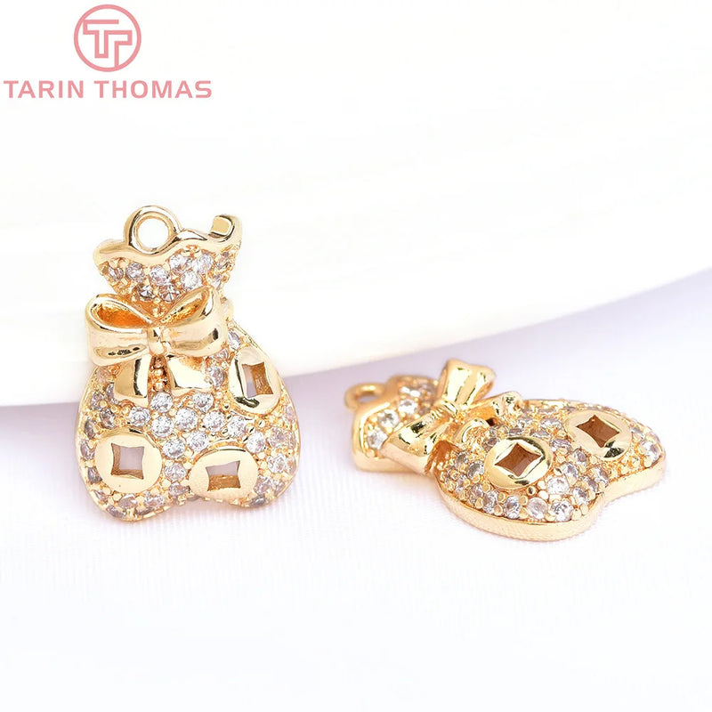 4PCS 10.5x14MM 24K Brass Zircon Money Bag Charms Pendants
