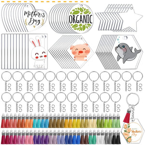 60PCS Clear Acrylic Keychain Blanks DIY Craft Supplies with Tassel Charms