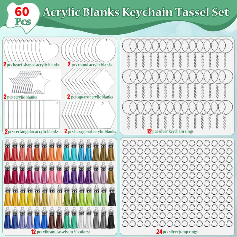 60PCS Clear Acrylic Keychain Blanks DIY Craft Supplies with Tassel Charms