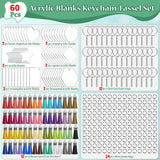 60PCS Clear Acrylic Keychain Blanks DIY Craft Supplies with Tassel Charms