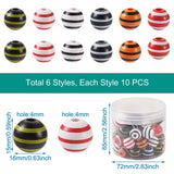 60Pcs 6 Colors Cherry Wood Beads Round Stripe Pattern Mixed 15x16mm Hole: 4mm