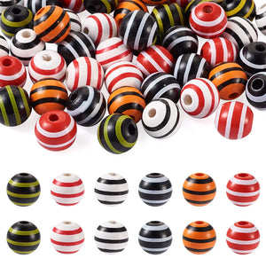 60Pcs 6 Colors Cherry Wood Beads Round Stripe Pattern Mixed 15x16mm Hole: 4mm