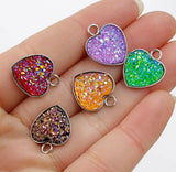 60Pcs 13mm Heart Stainless Steel Glitter Druzy Pendant Colorful DIY Jewelry