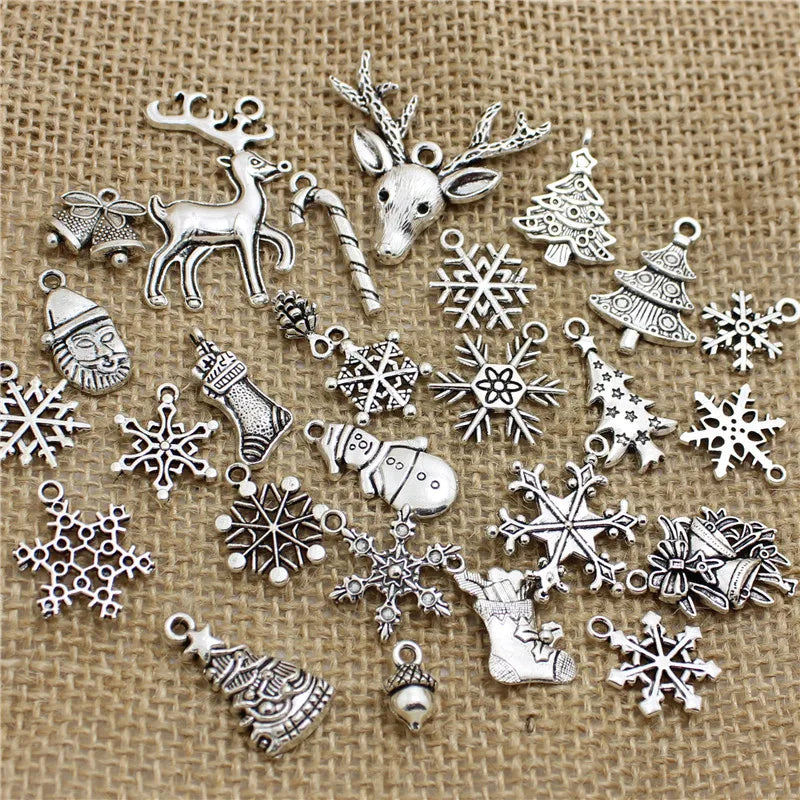 60Pcs Christmas Charms Pendants, Antique Tone, Mixed Designs