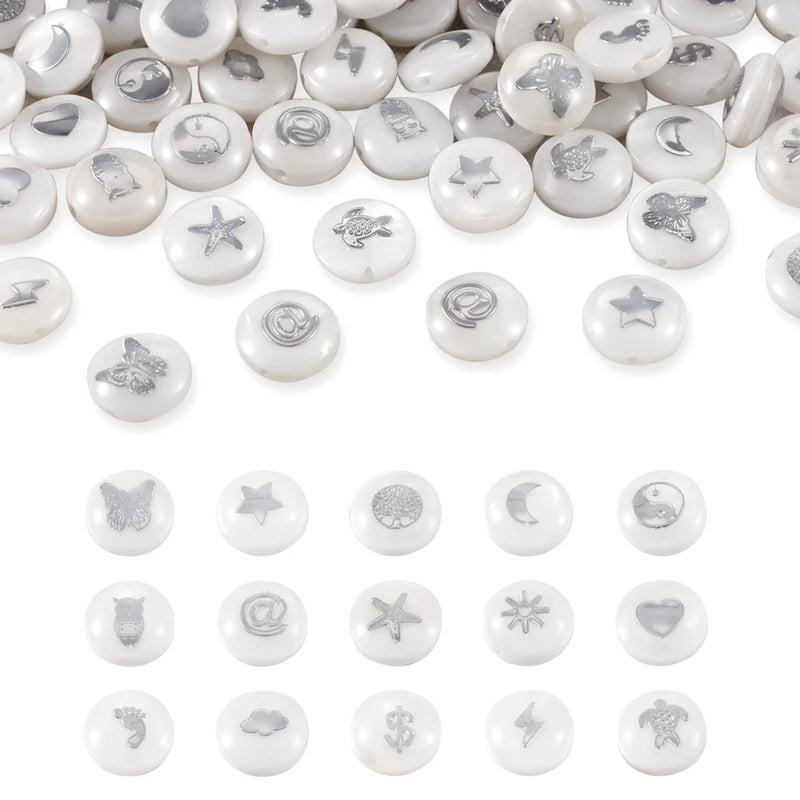 60Pcs Natural Shell Beads Coin Metal Star Moon Heart Pattern DIY Jewelry Making
