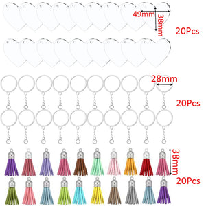 60Pcs Heart Acrylic Key Chain Blank with Leather Tassel Pendant Kits
