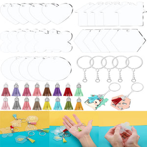 60Pcs Heart Acrylic Key Chain Blank with Leather Tassel Pendant Kits