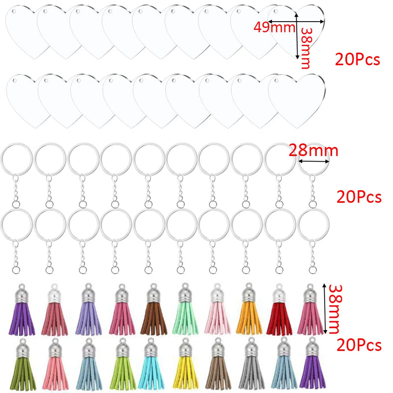 60Pcs Heart Acrylic Key Chain Blank with Leather Tassel Pendant Kits