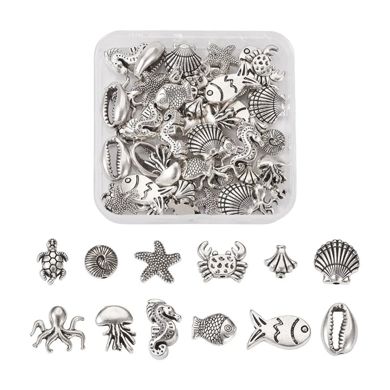 60Pcs Ocean Jewelry Beads Silver Animal Charms For Bracelet Necklace Making