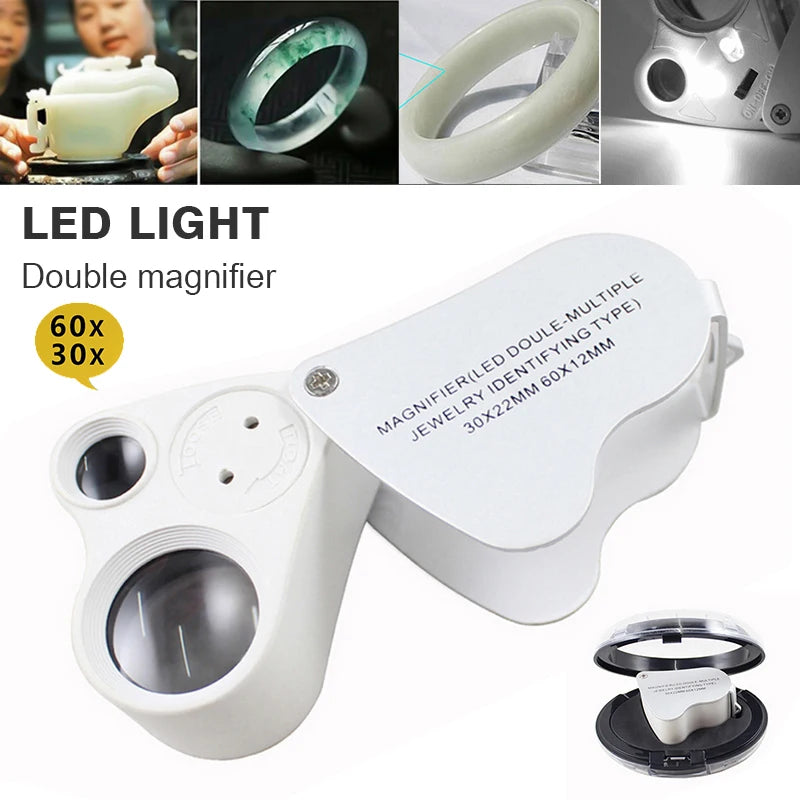 60X 30X LED Magnifier Foldable Glass Lens 2 LED Light Handheld Loupe