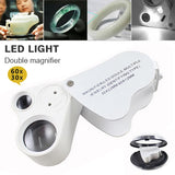 60X 30X LED Magnifier Foldable Glass Lens 2 LED Light Handheld Loupe