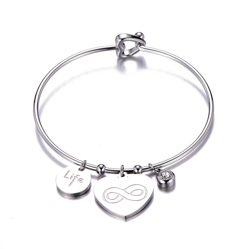 Stainless Steel Love Heart Crystal Charm Bracelet & Bangle For Women