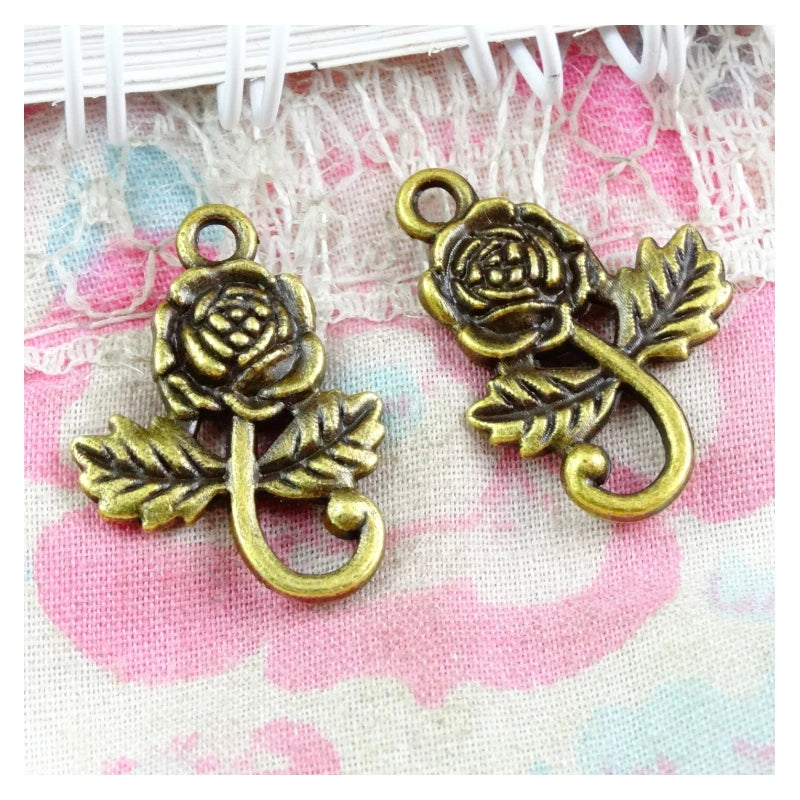 60pcs Vintage Bronze Rose Flower Charms Pendant DIY Jewelry Making