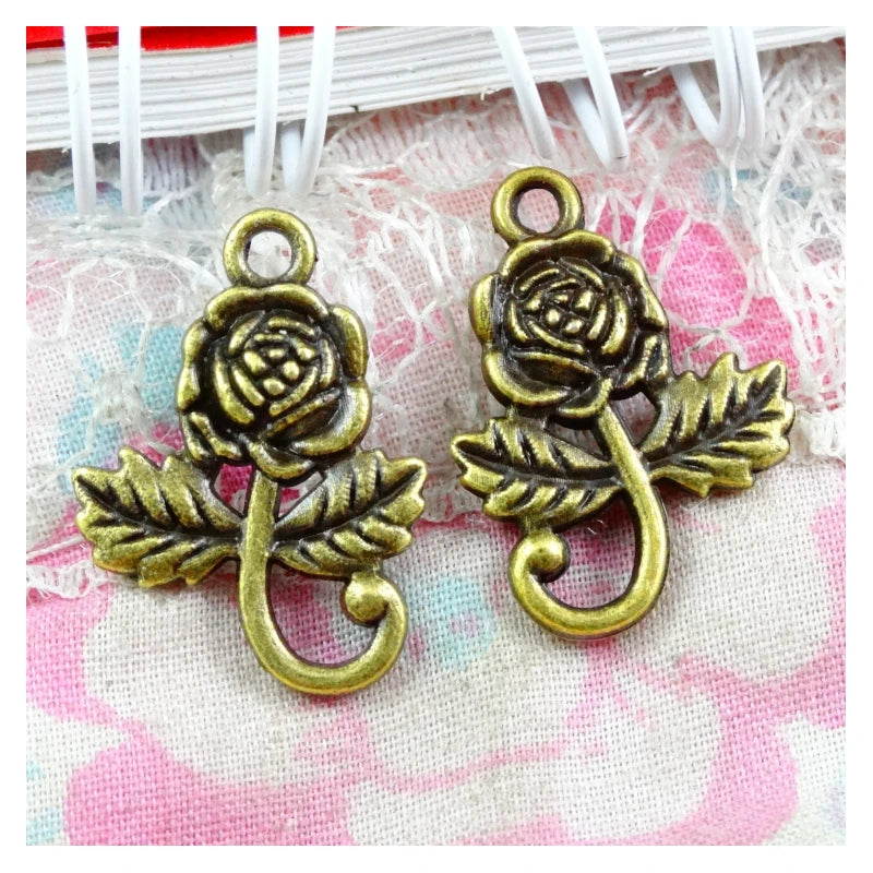 60pcs Vintage Bronze Rose Flower Charms Pendant DIY Jewelry Making