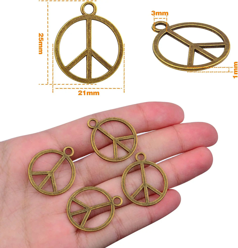 60pcs Vintage Alloy Peace Sign Charms for DIY Necklace Bracelet Crafting