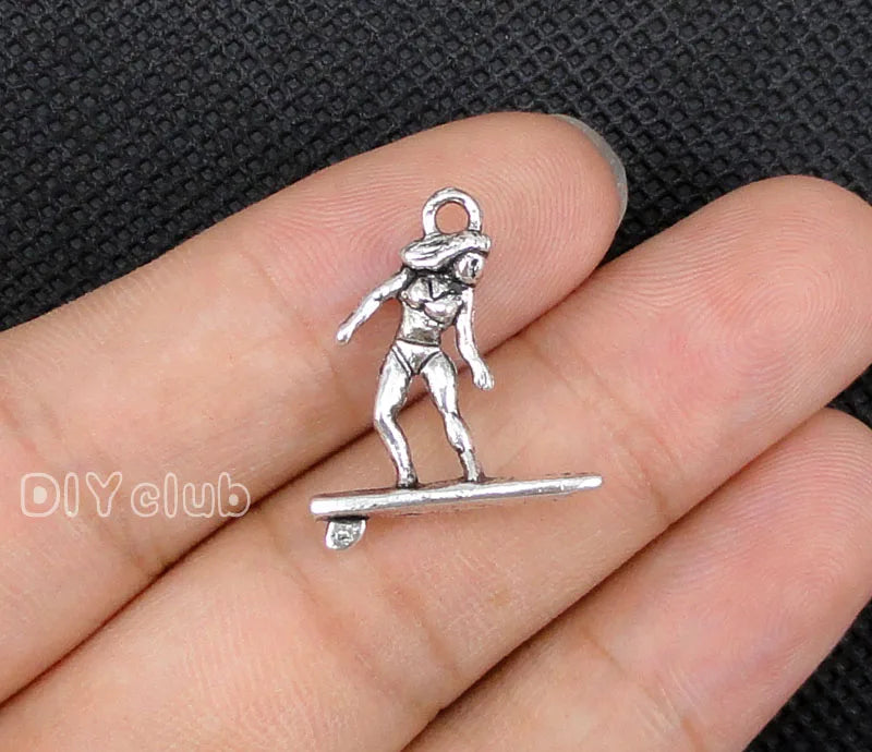 60pcs Tibetan Silver 3D Surfer Girl Charms Pendant 21x19mm