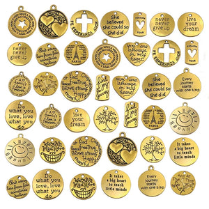 60pcs Ancient Circle Charm Lettering English Words Pendant for Jewelry