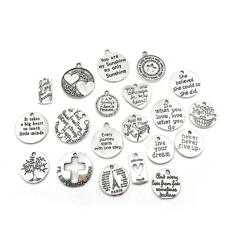60pcs Ancient Circle Charm Lettering English Words Pendant for Jewelry