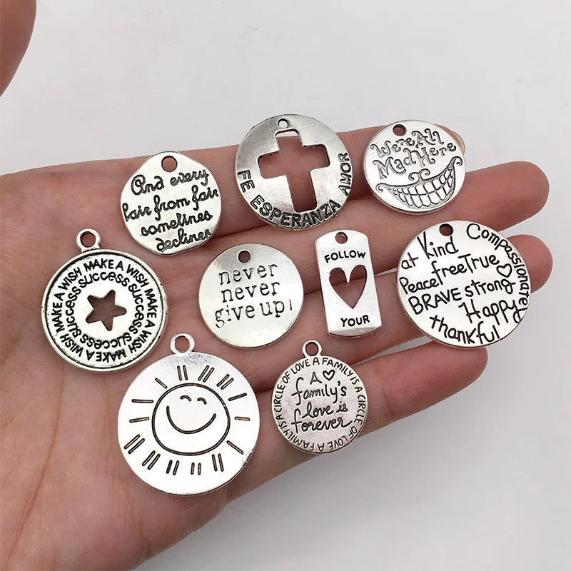 60pcs Ancient Circle Charm Lettering English Words Pendant for Jewelry