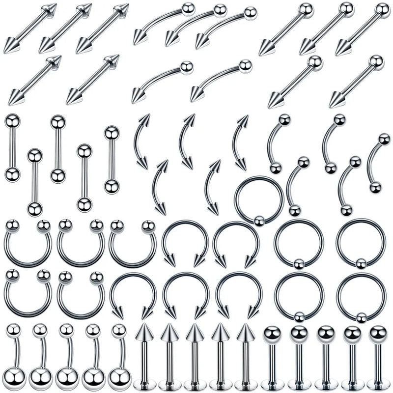 60pcs Stainless Steel Body Piercing Jewelry Mix Styles Tongue Eyebrow Belly Nose