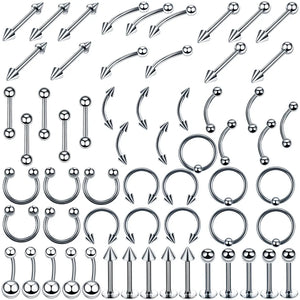 60pcs Stainless Steel Body Piercing Jewelry Mix Styles Tongue Eyebrow Belly Nose