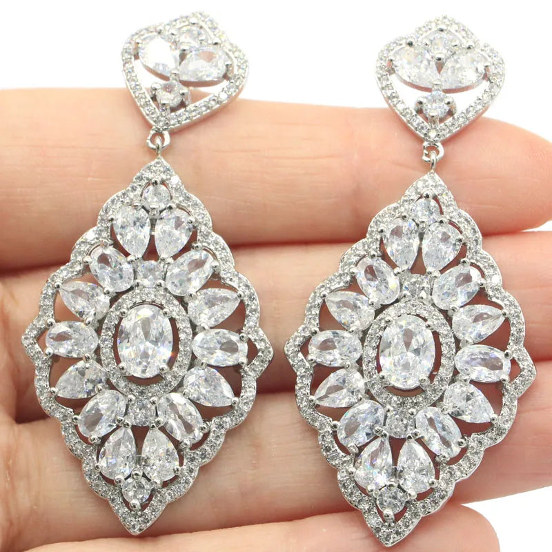 European Long Pink Kunzite CZ Wedding Silver Earrings