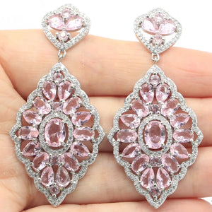European Long Pink Kunzite CZ Wedding Silver Earrings
