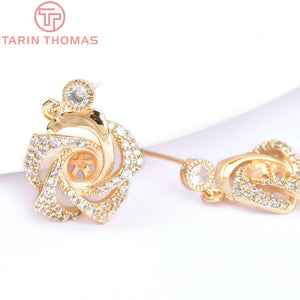 2PCS 23MM 24K Brass Zircon Rose Stud Earrings High Jewelry Findings