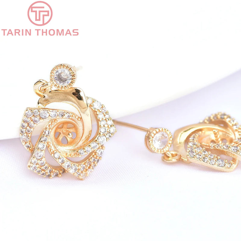 2PCS 23MM 24K Brass Zircon Rose Stud Earrings High Jewelry Findings