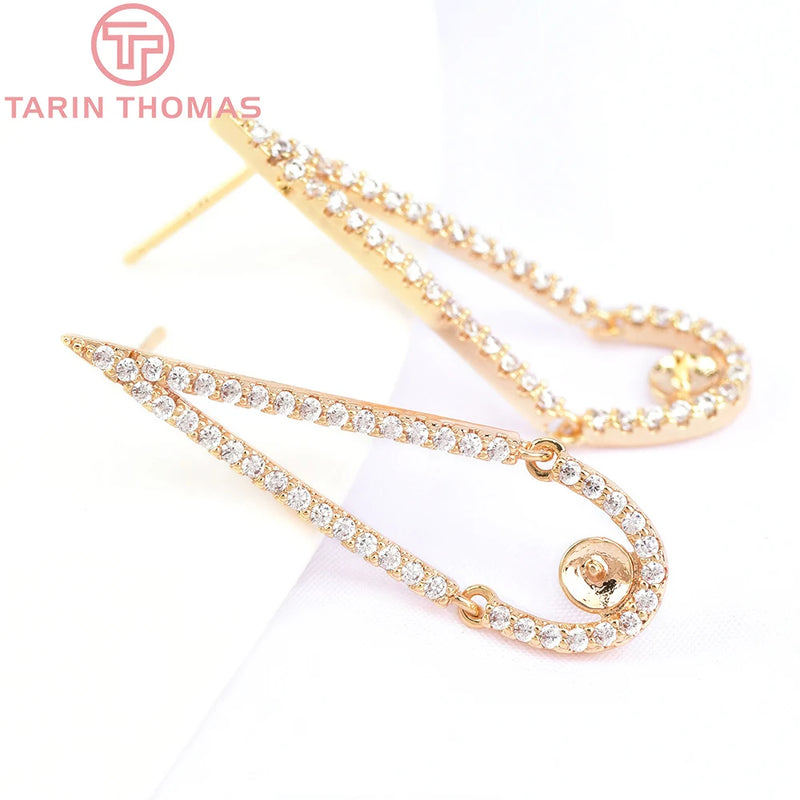 2PCS 10.5x33.5MM Brass Zircon Water Stud Earrings DIY Jewelry Findings