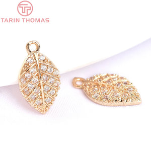 10PCS 8x12MM 24K Brass Zircon Leaf Charms Pendants Jewelry Findings