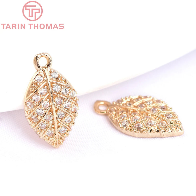 10PCS 8x12MM 24K Brass Zircon Leaf Charms Pendants Jewelry Findings